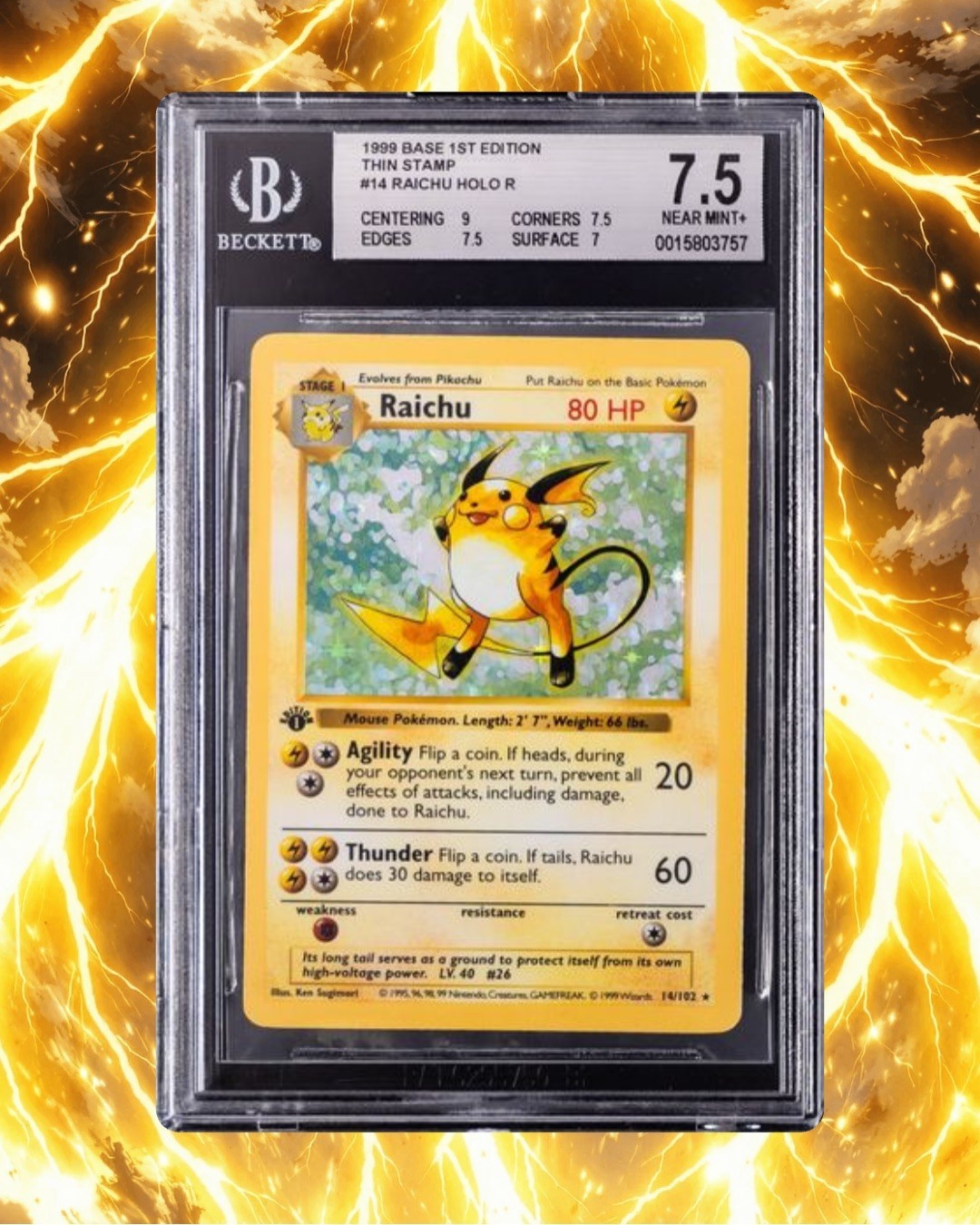VERY RARE - 1999 BASE 1ST EDITION, THIN STAMP #14 RAICHU BGS 7.5 VERY RARE - 1999 BASE 1ST EDITION, THIN STAMP #14 RAICHU BGS 7.5
