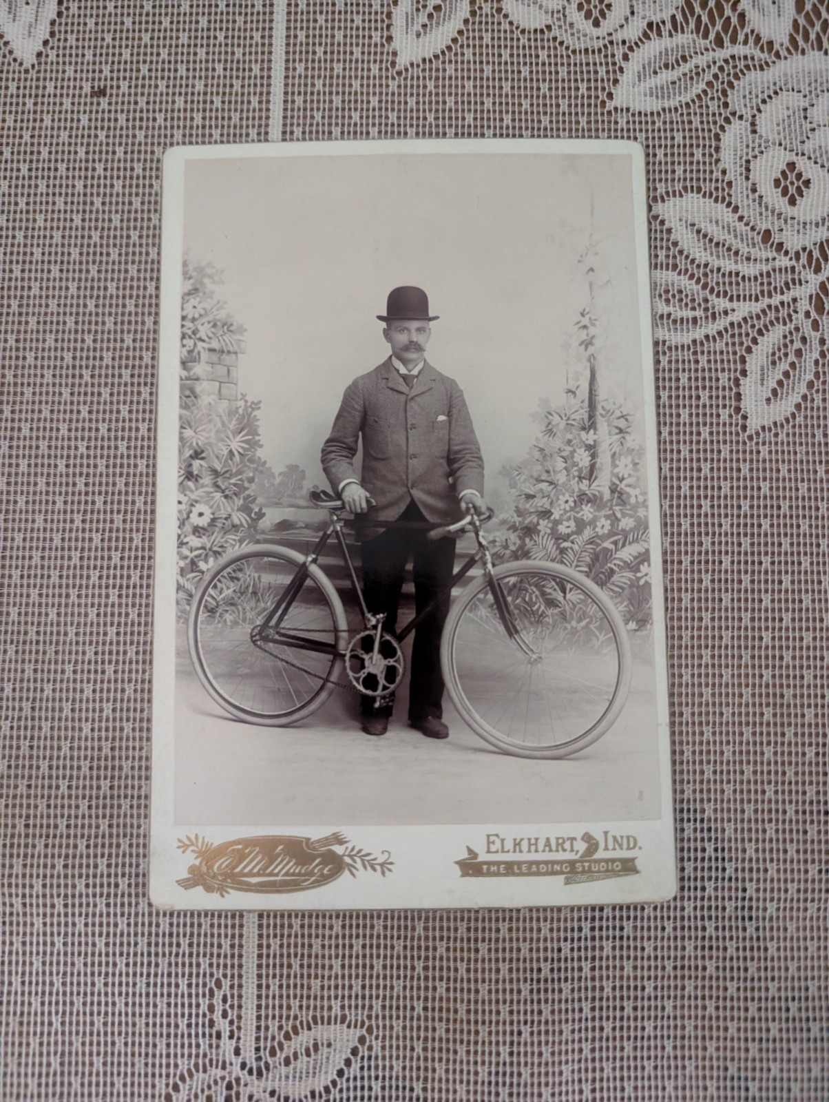 Antique Vintage Cabinet Photo Man in Bowler Hat with a Bicycle E M Mudge Elkhart Antique Vintage Cabinet Photo Man in Bowler Hat with a Bicycle E M Mudge Elkhart