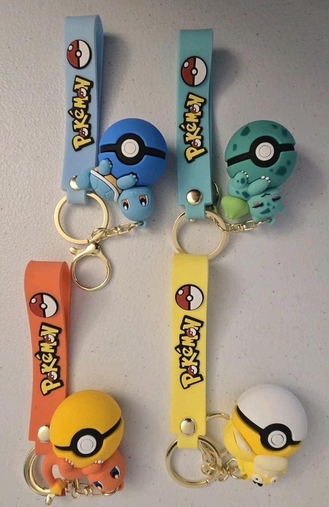 Pokemon Keychain Lot of 4 Squirtle Bulbasaur Charmander Psyduck Pokeball Straps