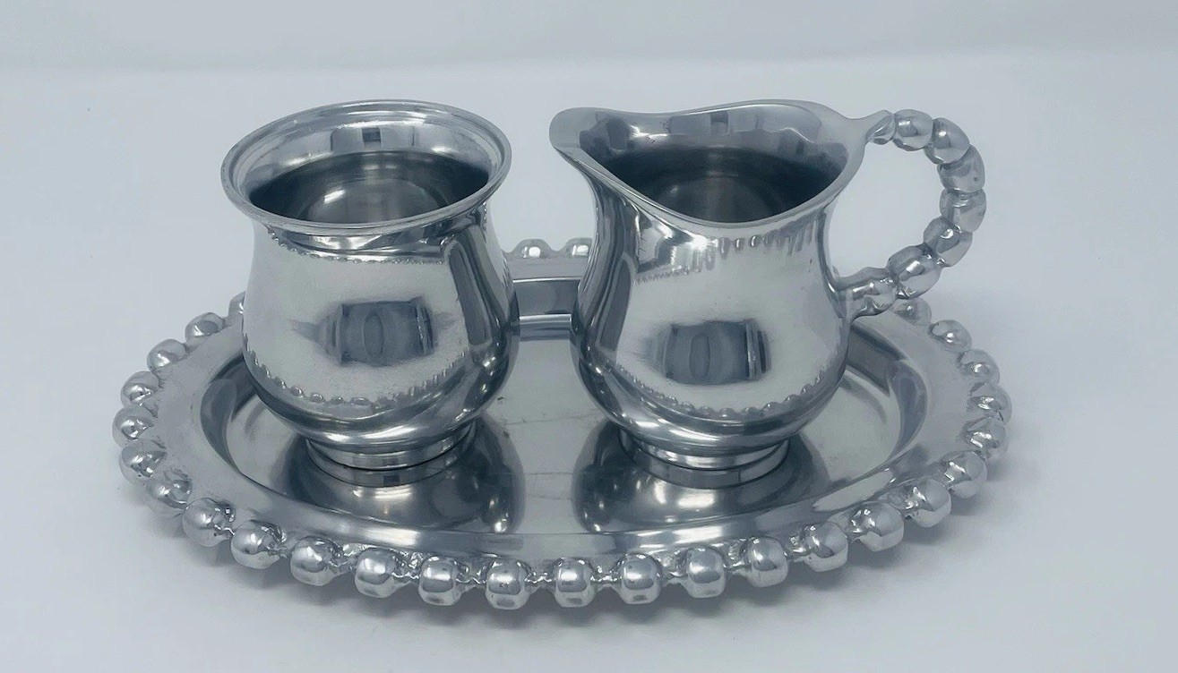 Vintage Artimino Beaded Sugar and Creamer Set with Tray Pearled Made In India Vintage Artimino Beaded Sugar and Creamer Set with Tray Pearled Made In India