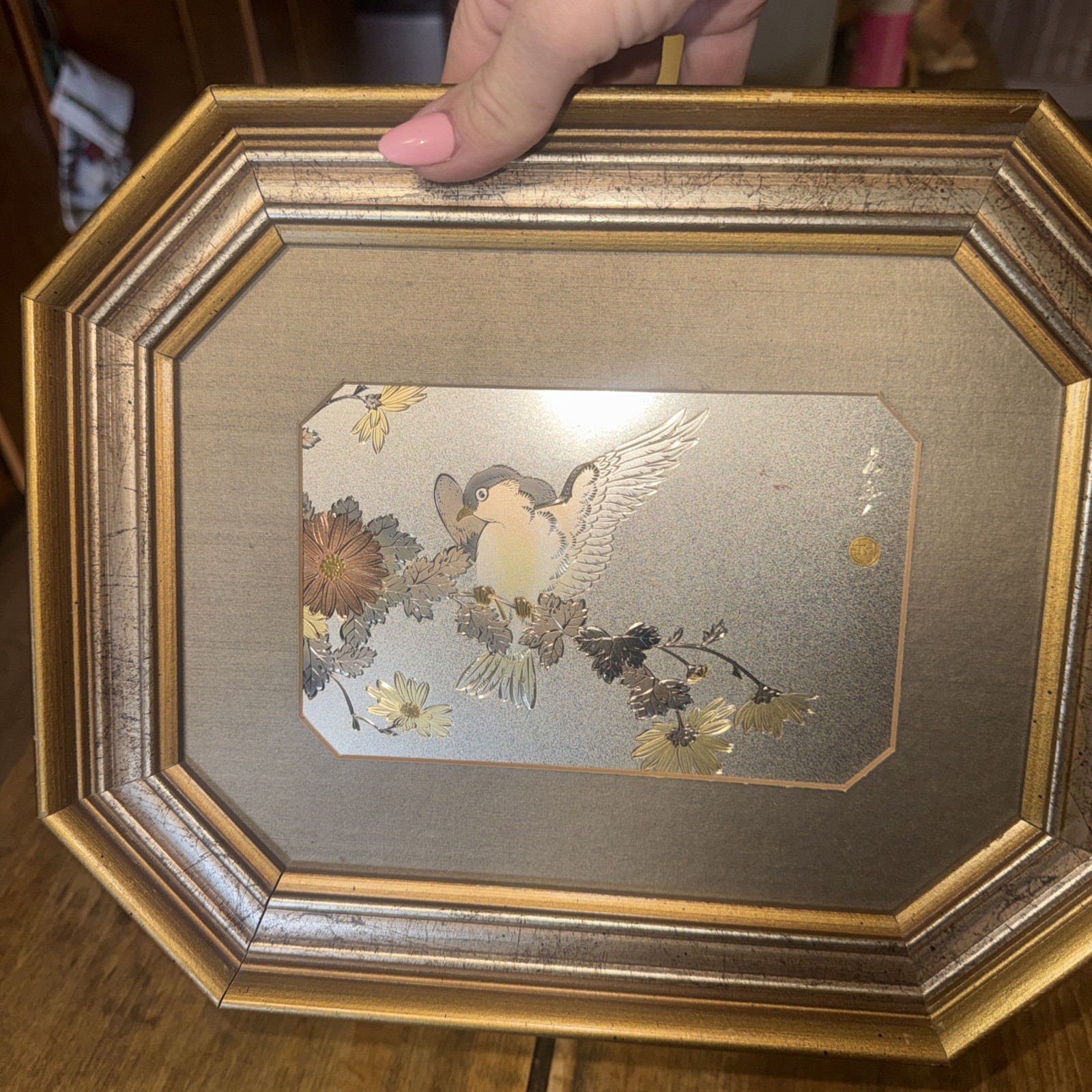 Lin-Art Ltd Ancient Japanese Art of Chokin Floral Octagon Frame Signed