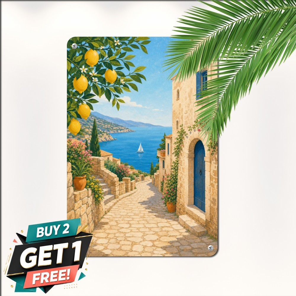Lemon Tree In Mediterranean Lane Coastal Sailing Bay Plaque Metal Tin Sign Lemon Tree In Mediterranean Lane Coastal Sailing Bay Plaque Metal Tin Sign