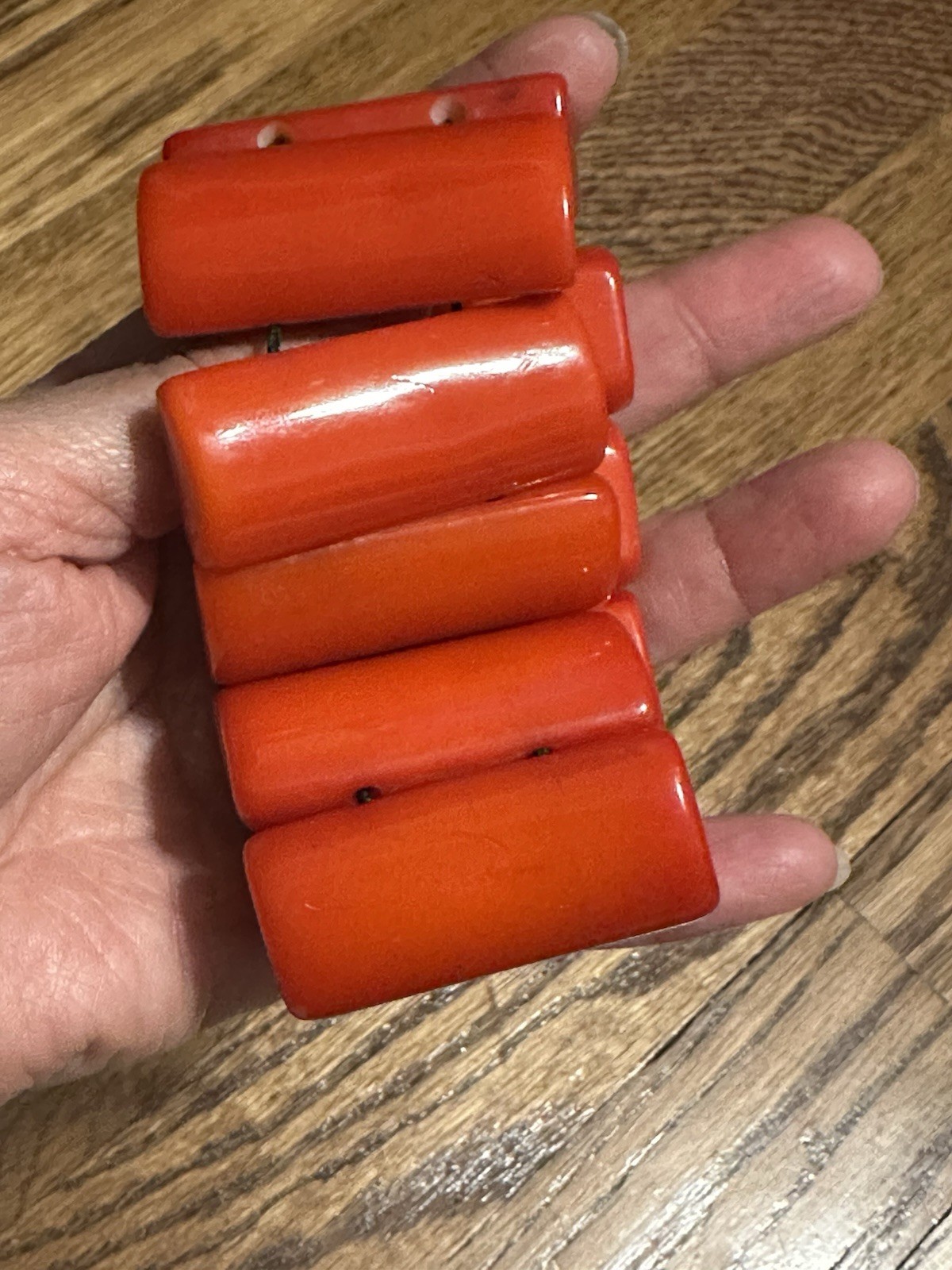Vintage Dominique Denaive Red Bakelite Wide Bar Stretch Bracelet Signed France Vintage Dominique Denaive Red Bakelite Wide Bar Stretch Bracelet Signed France