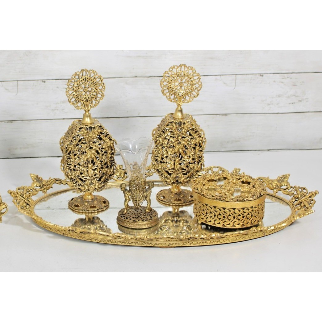 Stylebuilt Hollywood Regency Vanity Dresser Set 6 Pc 24kt Ormolu Filigree MCM