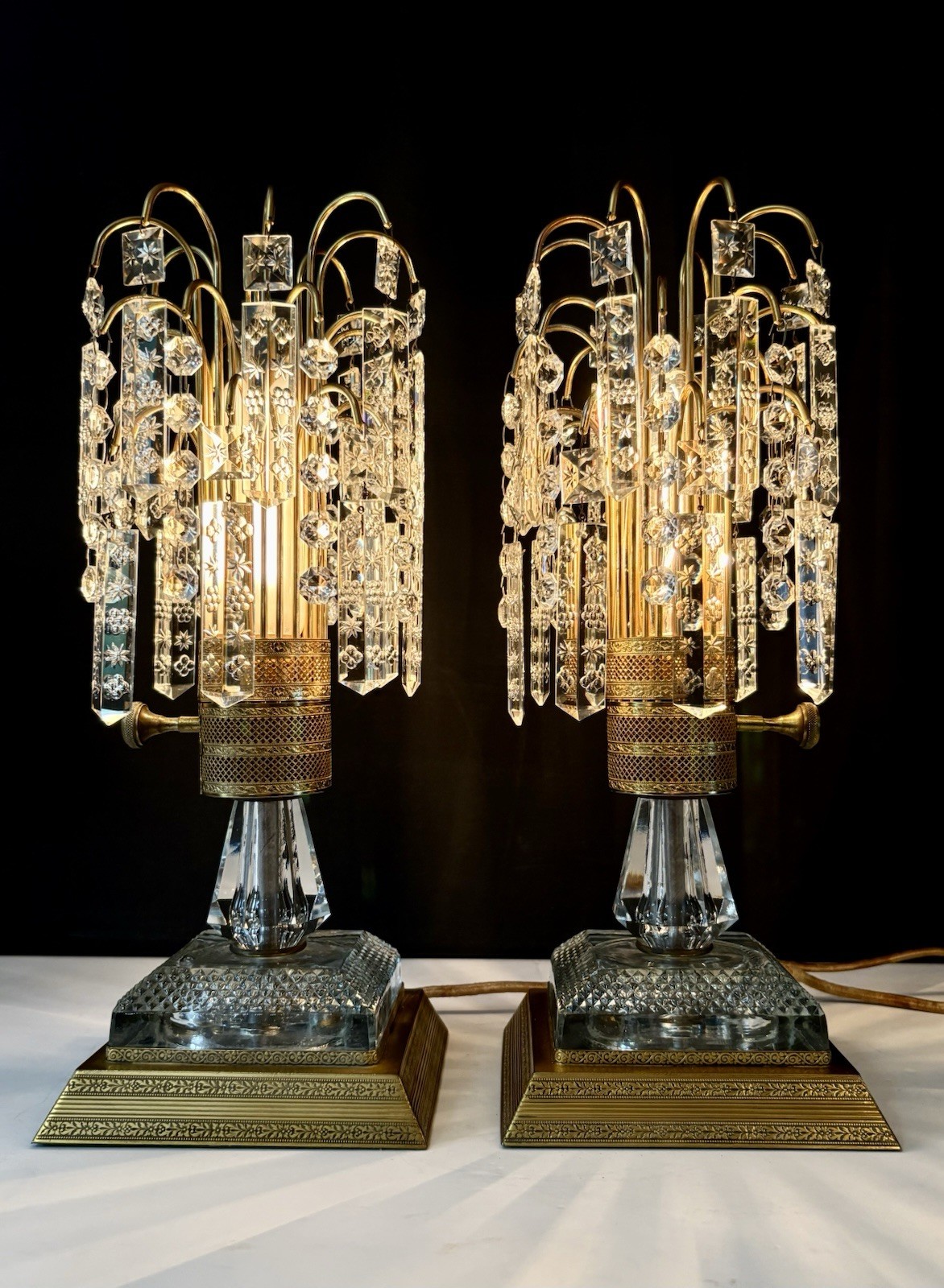 Pair Vintage Hollywood Regency Crystal Waterfall Boudoir Lamps Etched Prisms Pair Vintage Hollywood Regency Crystal Waterfall Boudoir Lamps Etched Prisms