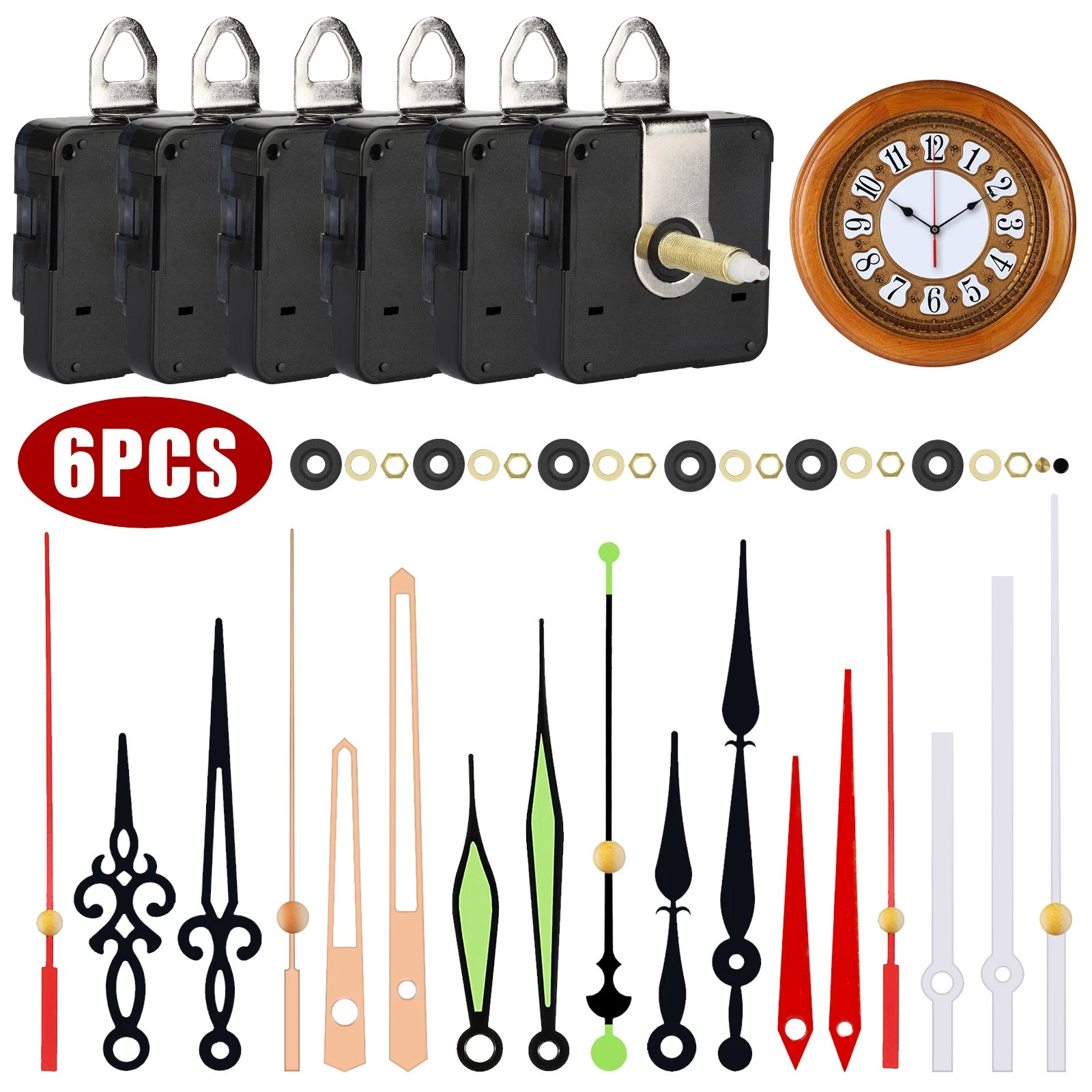 6PCS Silent Quartz Clock Replacement Movement Kit W/ 6 Style Hand for DIY Repair 6PCS Silent Quartz Clock Replacement Movement Kit W/ 6 Style Hand for DIY Repair