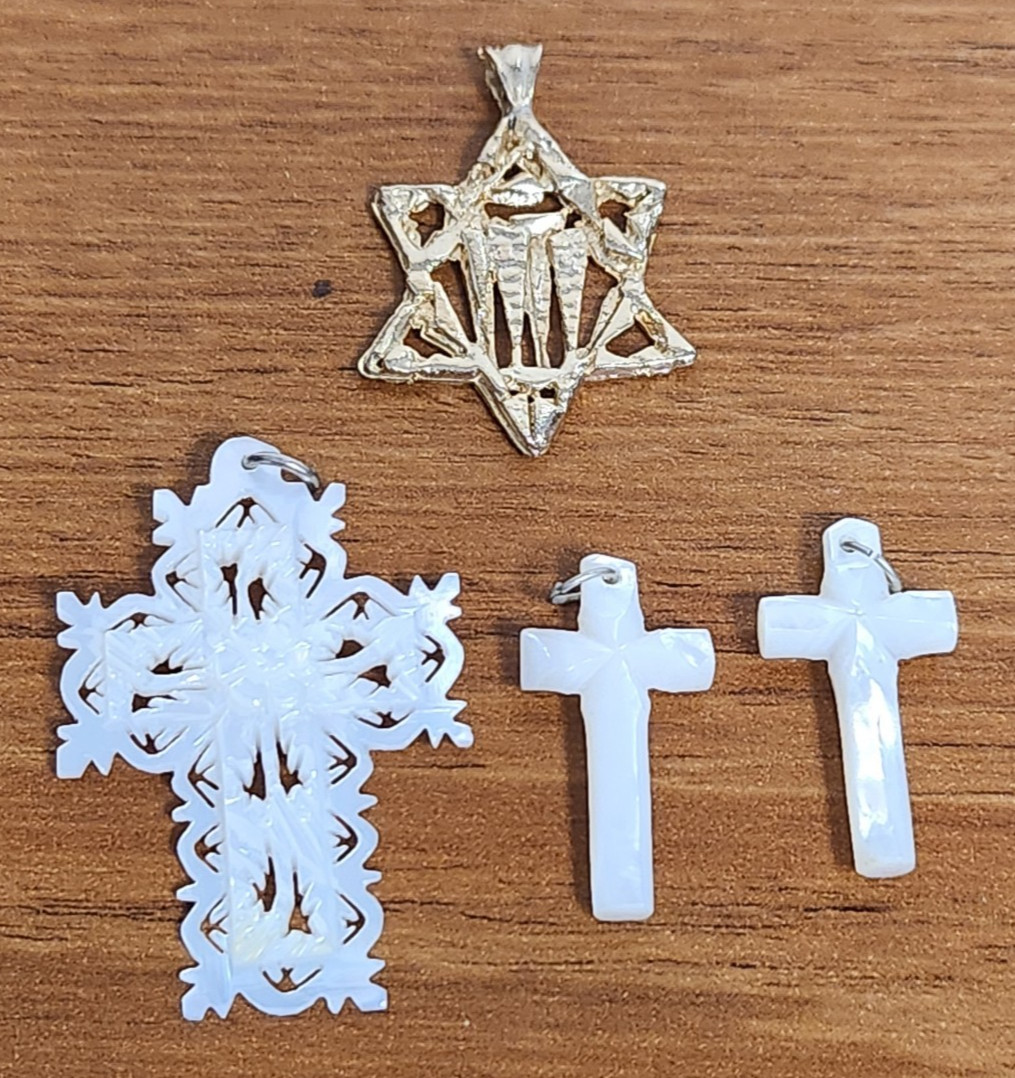 Cross And Religious Pendant Collection of Jewelry Mother Of Pearl And Goldtone