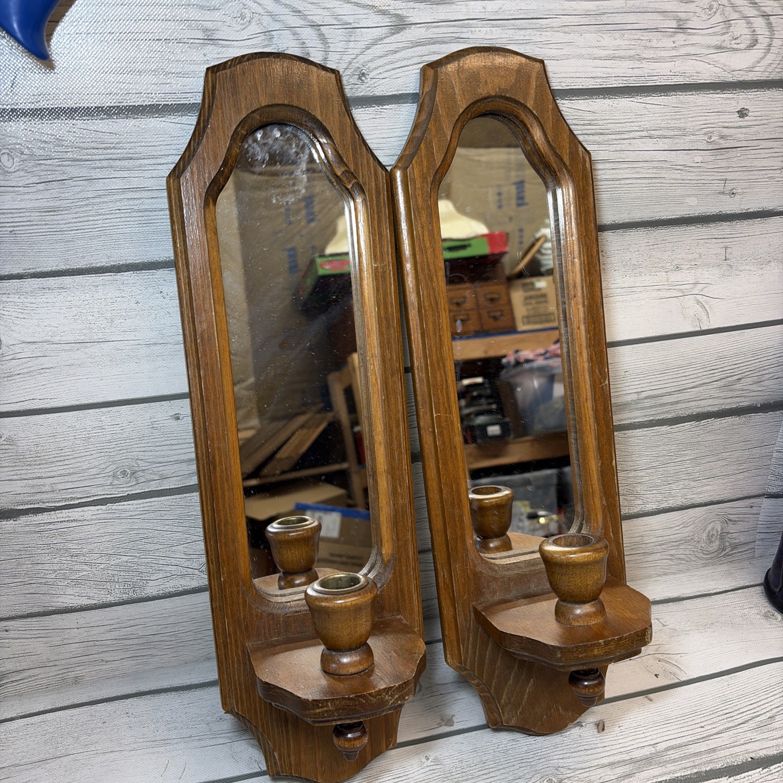 Pair of vintage mirror candle holder wood wall sconces rustic cottagecore 18” Pair of vintage mirror candle holder wood wall sconces rustic cottagecore 18”