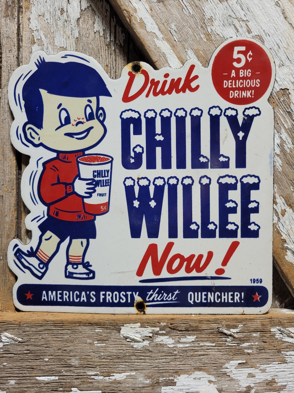 VINTAGE CHILLY WILLIE PORCELAIN SIGN RARE OLD FROZEN KIDS DRINK COLA SODA POP VINTAGE CHILLY WILLIE PORCELAIN SIGN RARE OLD FROZEN KIDS DRINK COLA SODA POP