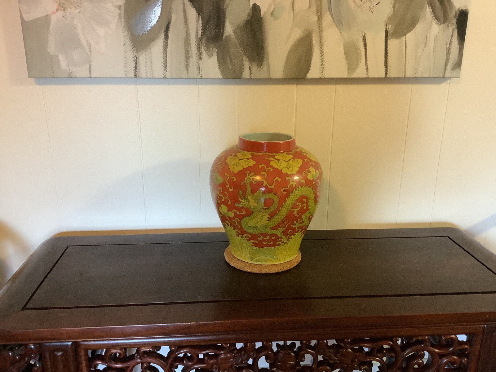 Vintage Chinese Porcelain Dragon Jar, Red Ground Yellow Dragons, Jiajing Mark, Vintage Chinese Porcelain Dragon Jar, Red Ground Yellow Dragons, Jiajing Mark,