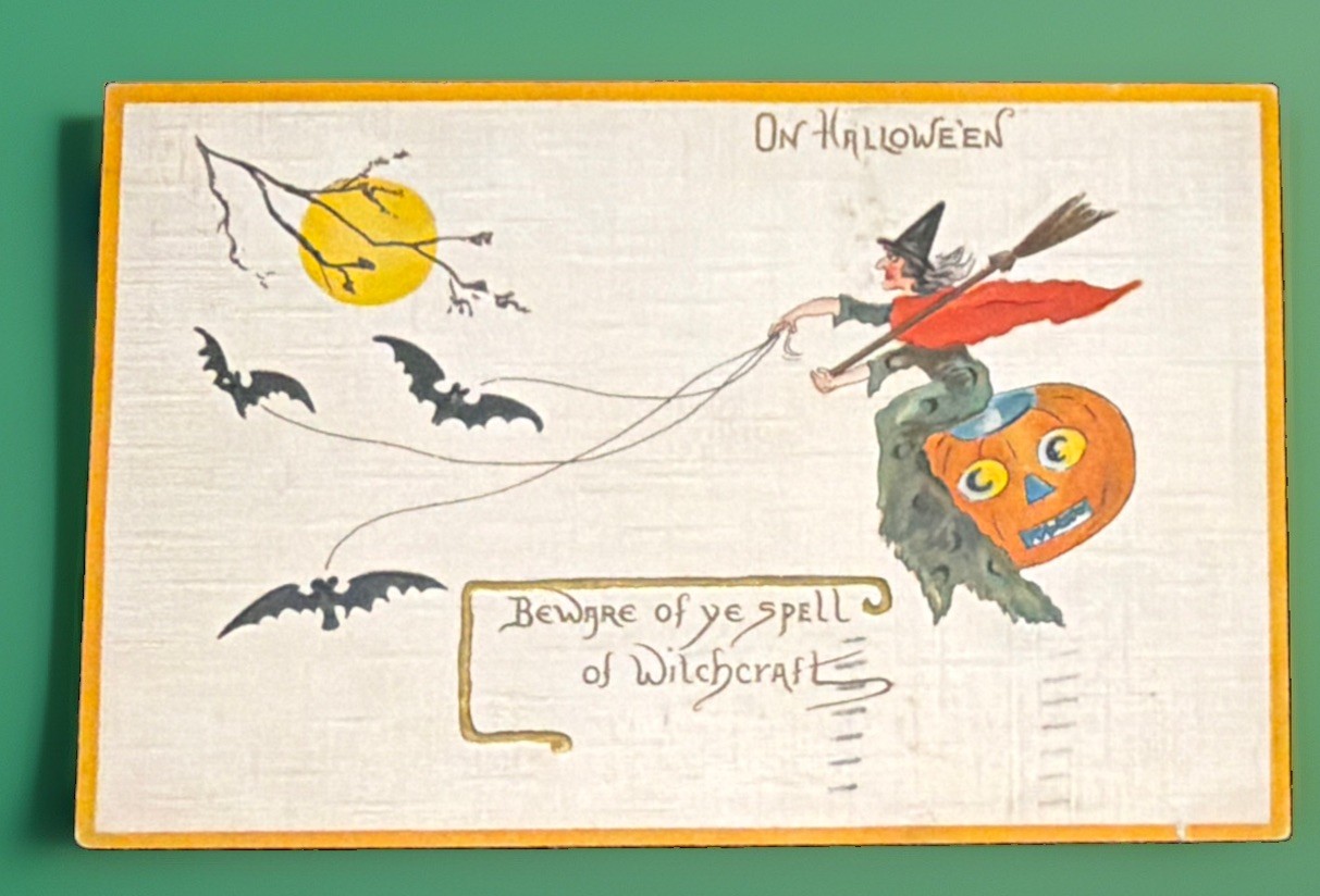 1914 Antique Halloween Postcard Leubrie Elkus No 7018 Embossed Witch Bats JOL 1914 Antique Halloween Postcard Leubrie Elkus No 7018 Embossed Witch Bats JOL