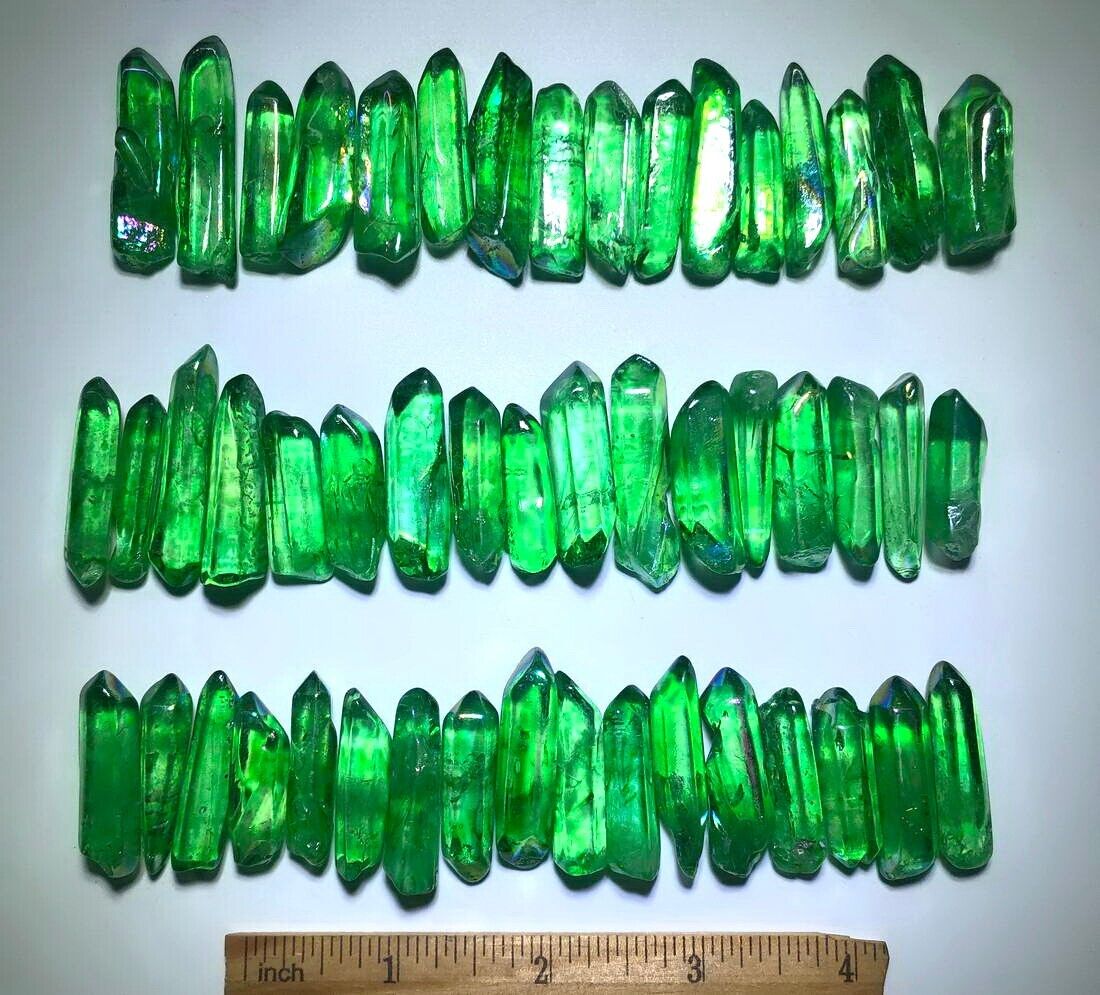 50pcs Green Titanium Bismuth Aura Quartz Crystal Prasiolite Points Lemurian