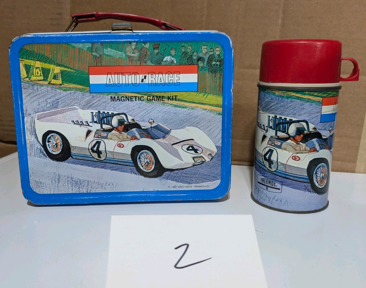 Vintage 1967 Auto Race Metal Lunchbox with Thermos King Seeley Racing Sports Car Vintage 1967 Auto Race Metal Lunchbox with Thermos King Seeley Racing Sports Car