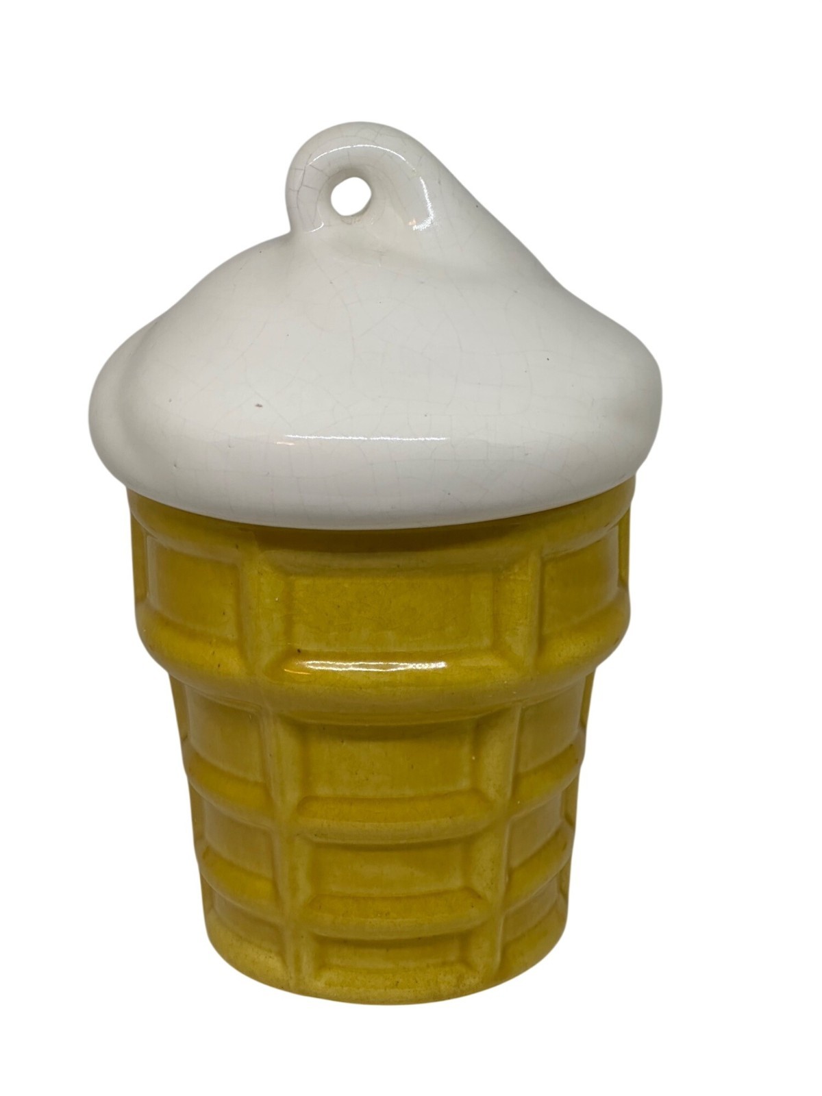 VTG Yellow Ceramic Ice Cream Cone Jar White Swirl Lid Kitchen Decor Perfect Gift VTG Yellow Ceramic Ice Cream Cone Jar White Swirl Lid Kitchen Decor Perfect Gift