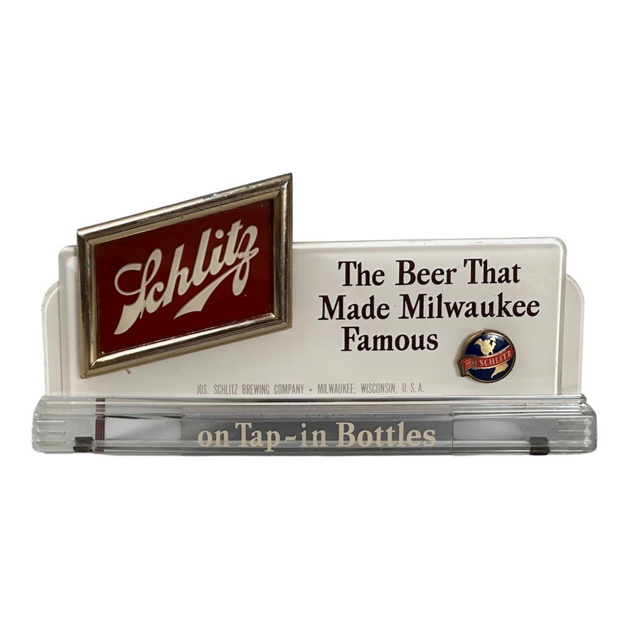 VTG 1940s 1949 Schlitz On Tap In Bottles Back Bar Counter Display Beer Sign VTG 1940s 1949 Schlitz On Tap In Bottles Back Bar Counter Display Beer Sign