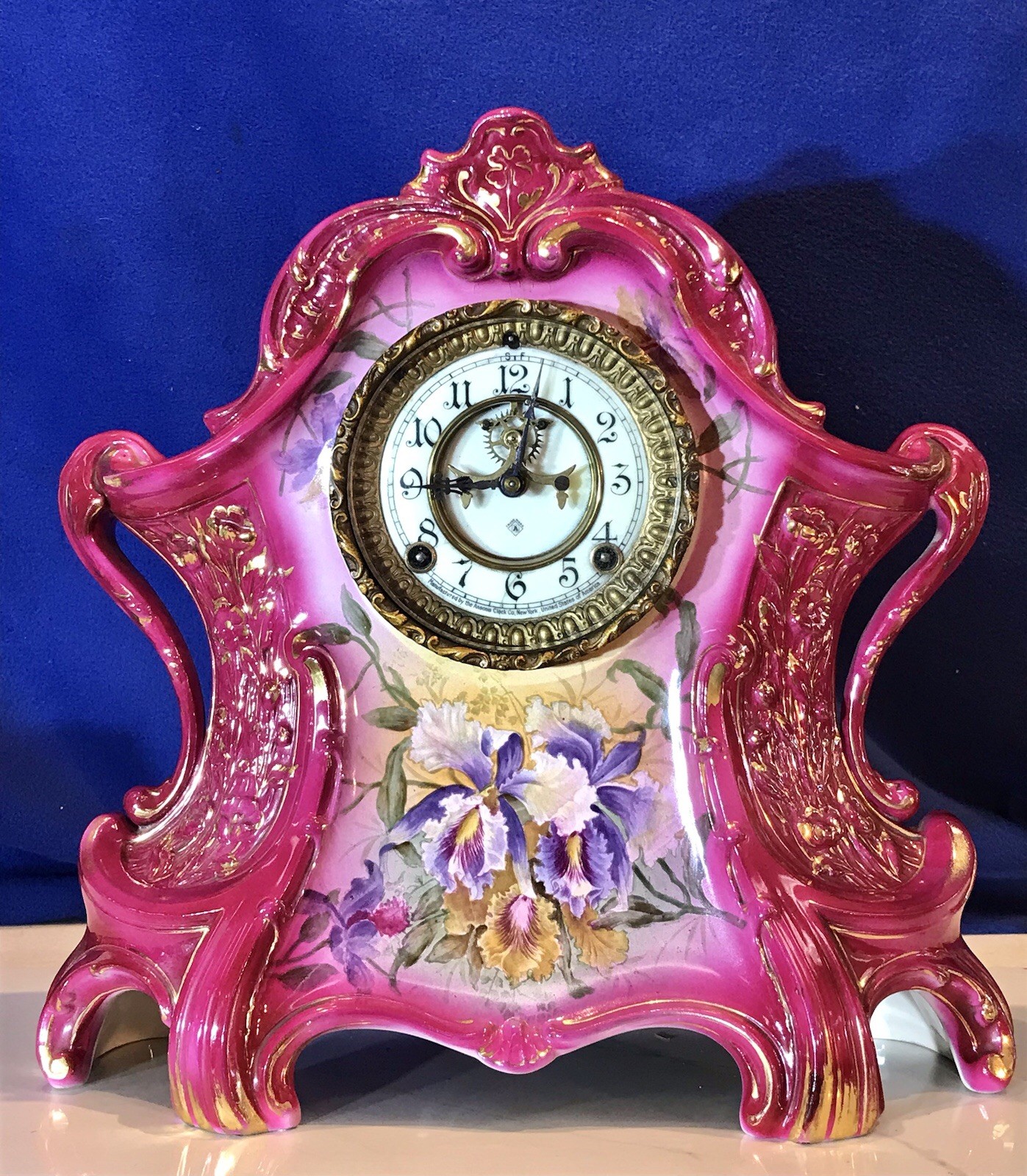 1882 ANTIQUE ANSONIA PORCELAIN STRIKE CLOCK,1755 GERMAN ROYALBONN PORCELAIN CASE 1882 ANTIQUE ANSONIA PORCELAIN STRIKE CLOCK,1755 GERMAN ROYALBONN PORCELAIN CASE