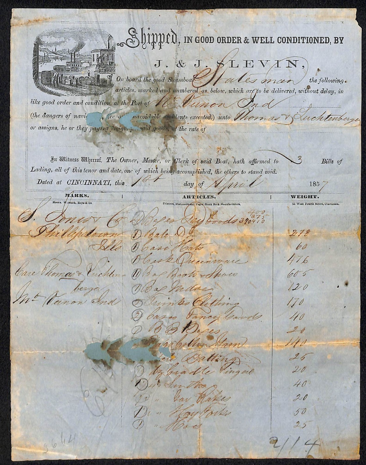 1857 J. & J. Slevin "Steamboat Statesman" Cincinnati Freight Receipt w/ Damage