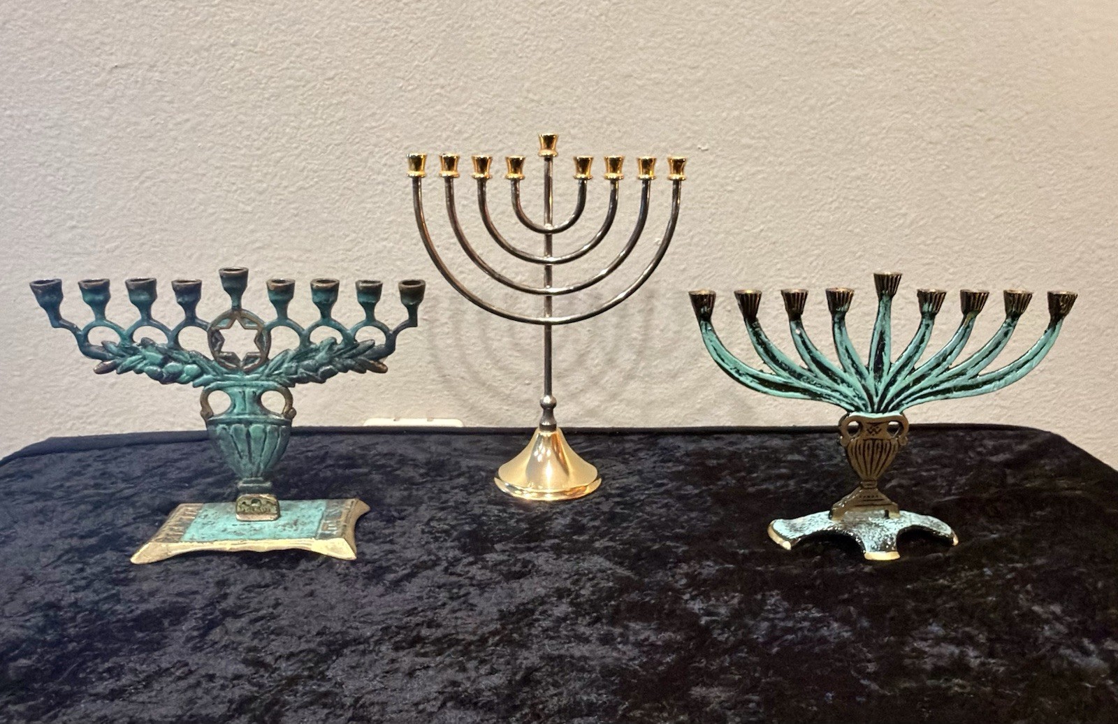Vintage Israeli Menorah Trio – Verdigris Patina – Mid‑Century Judaica LOT Vintage Israeli Menorah Trio – Verdigris Patina – Mid‑Century Judaica LOT