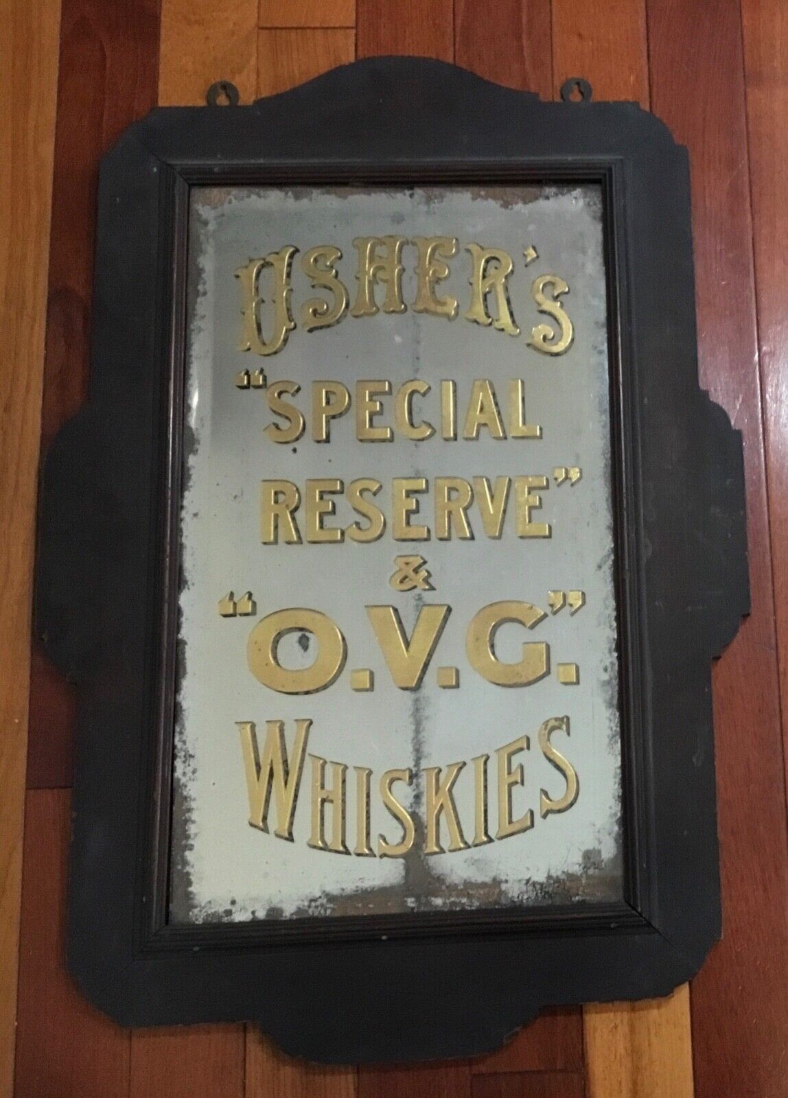 Antique 1880s Reverse Painted Glass Mirror Usher’s Whiskey Advertising Sign