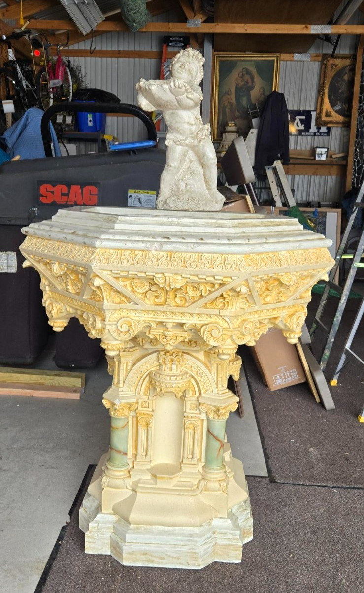 Antique Daprato Statuary Plaster Church Chapel Baptismal Font Angel Fountain