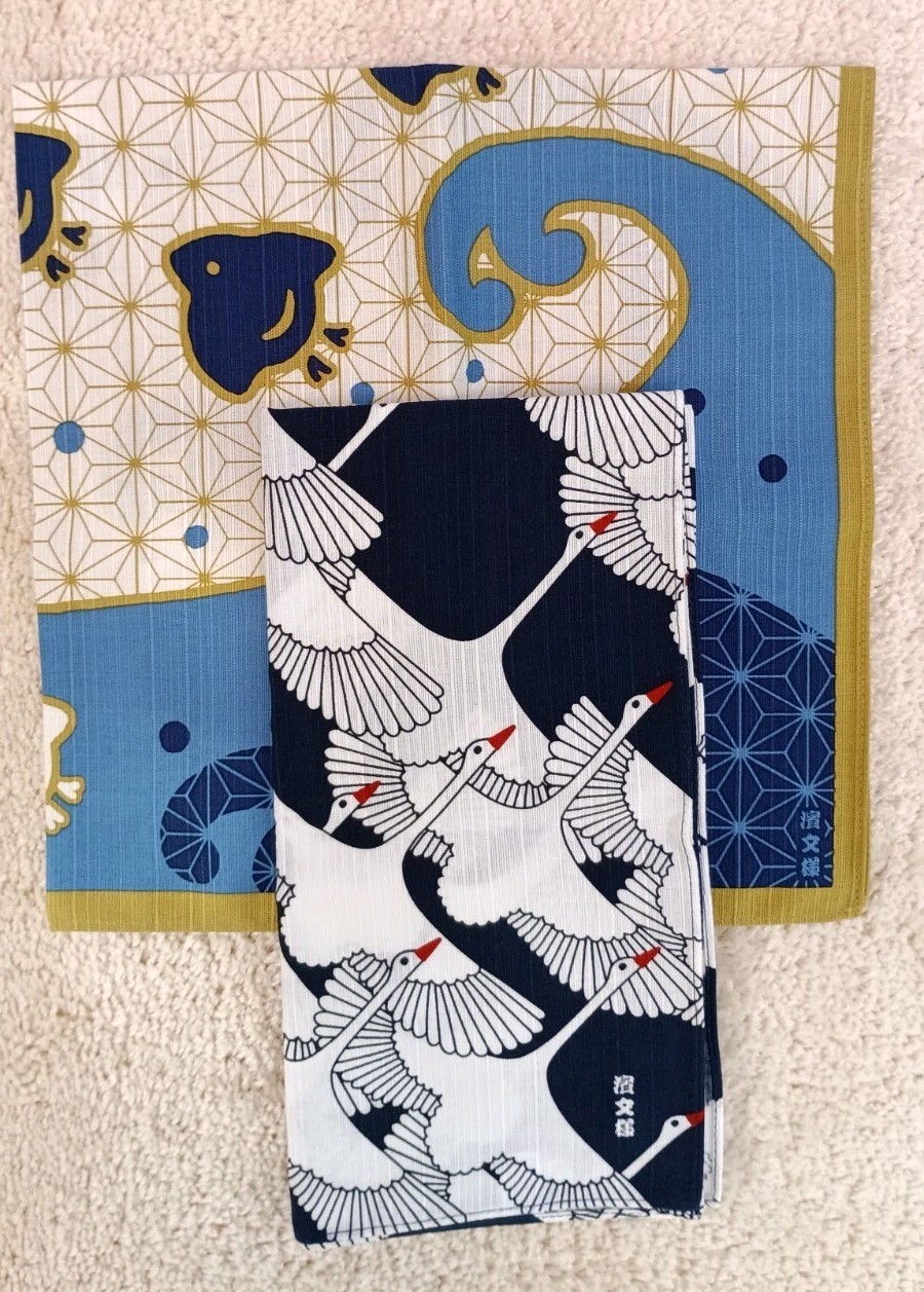 Japanese Tenugui Towel Set of 2 Hamamonyo Crane Birds Pattern 100% Cotton Japan Japanese Tenugui Towel Set of 2 Hamamonyo Crane Birds Pattern 100% Cotton Japan