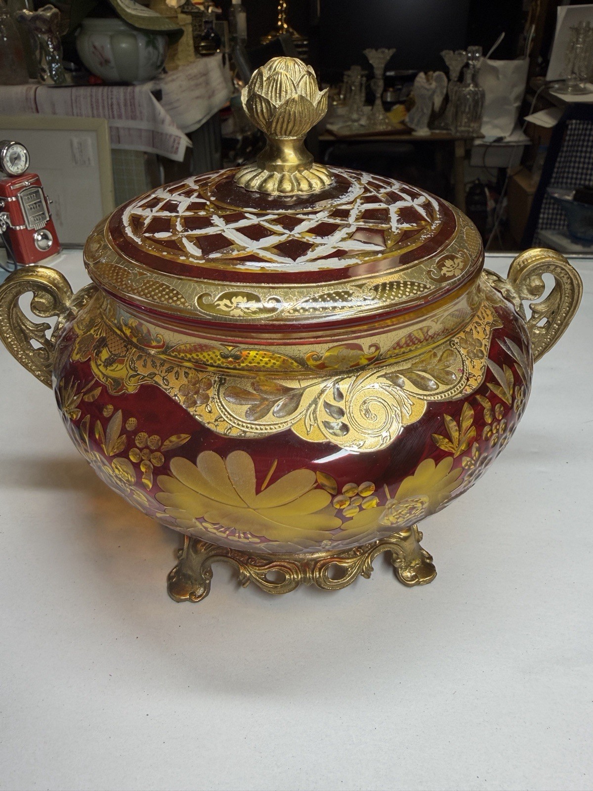 Antique Candy Box Ruby Red Glass Ormolu Bronze French Empire Style Lidded