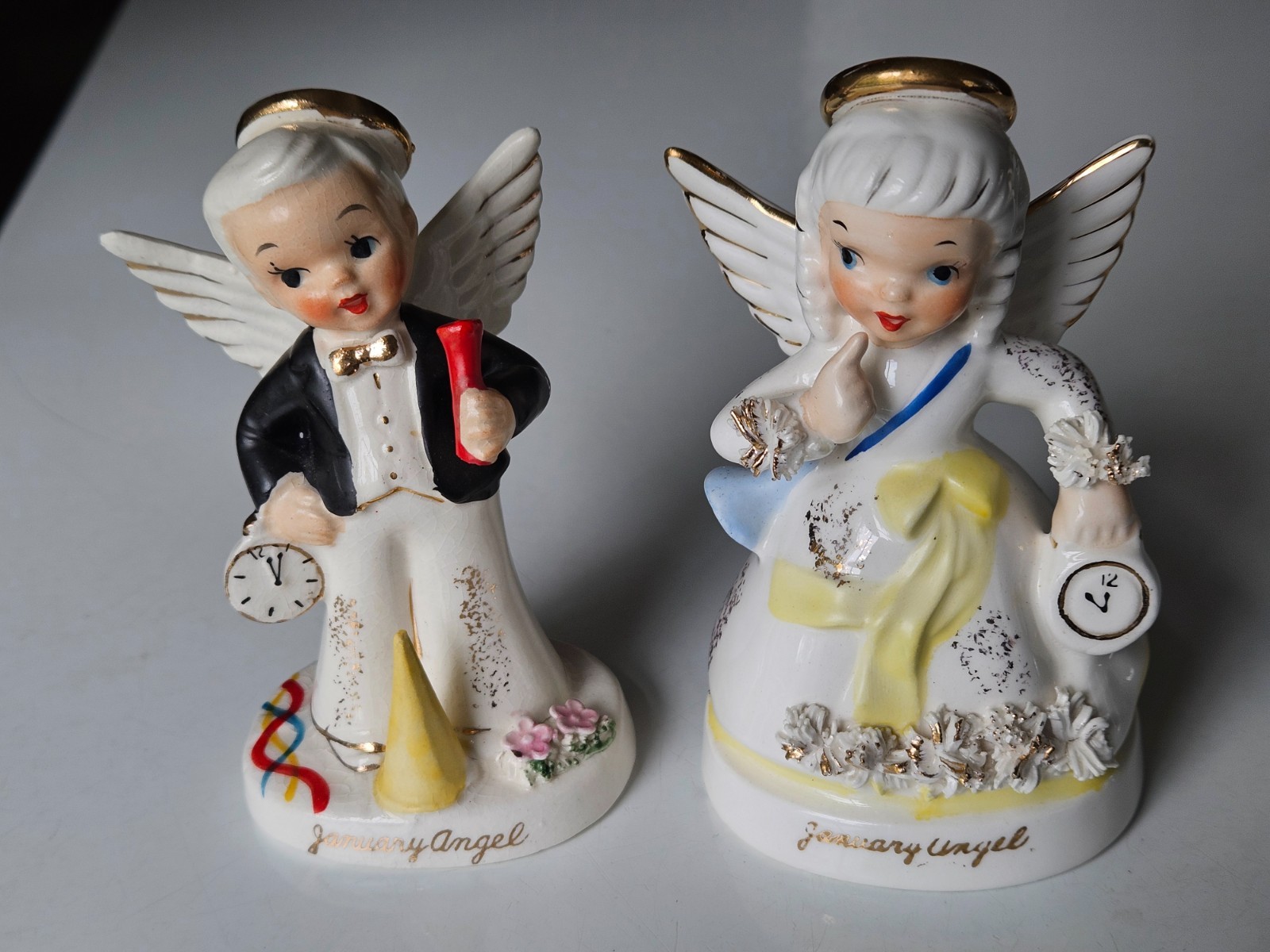 2 Vintage 1956 NAPCO Boy & Girl Angel Figurines JANUARY Birthday New Years Party 2 Vintage 1956 NAPCO Boy & Girl Angel Figurines JANUARY Birthday New Years Party