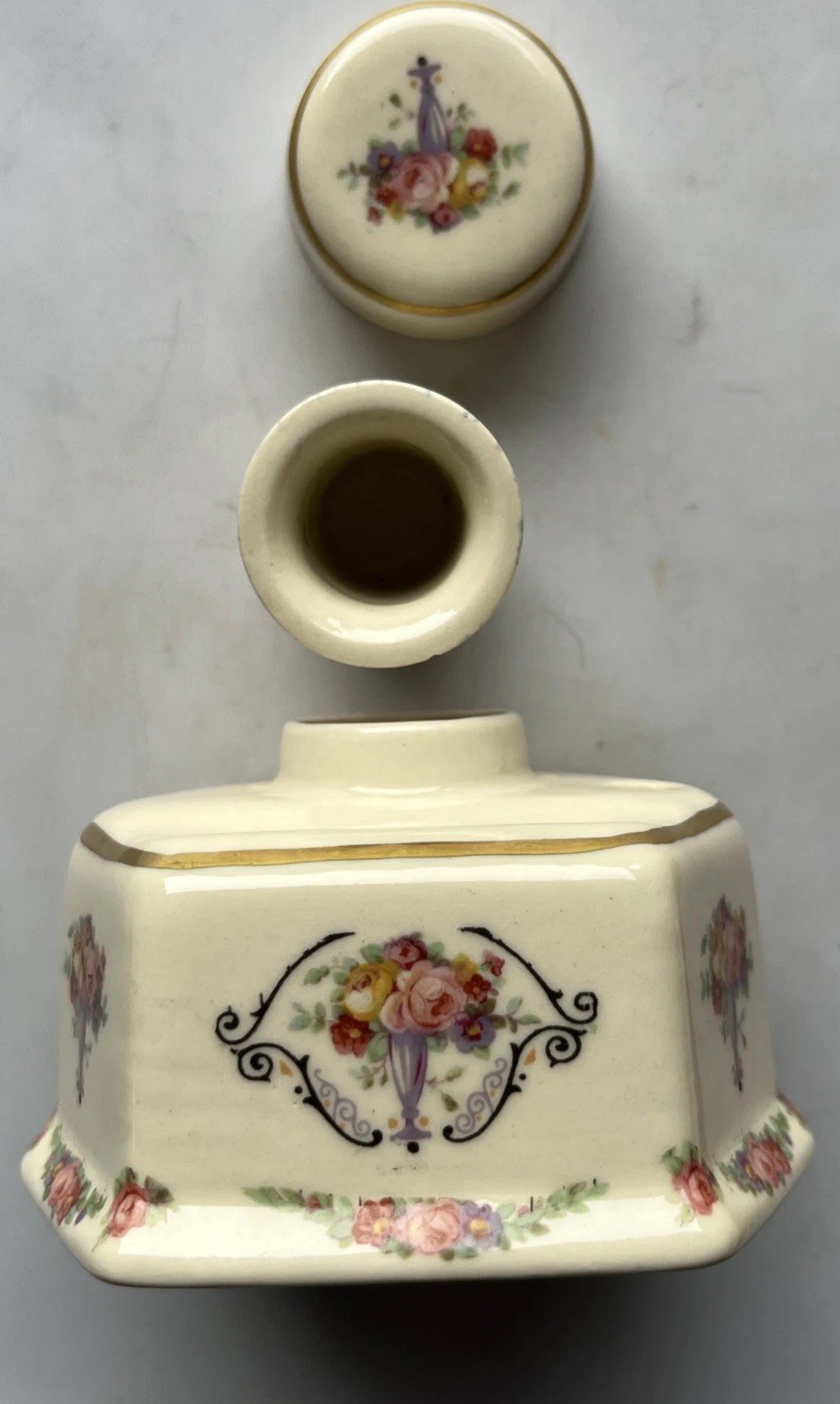 VTG Victorian? HexagonPorcelain Inkwell, Lid, Removable Insert Floral Gold Trim VTG Victorian? HexagonPorcelain Inkwell, Lid, Removable Insert Floral Gold Trim