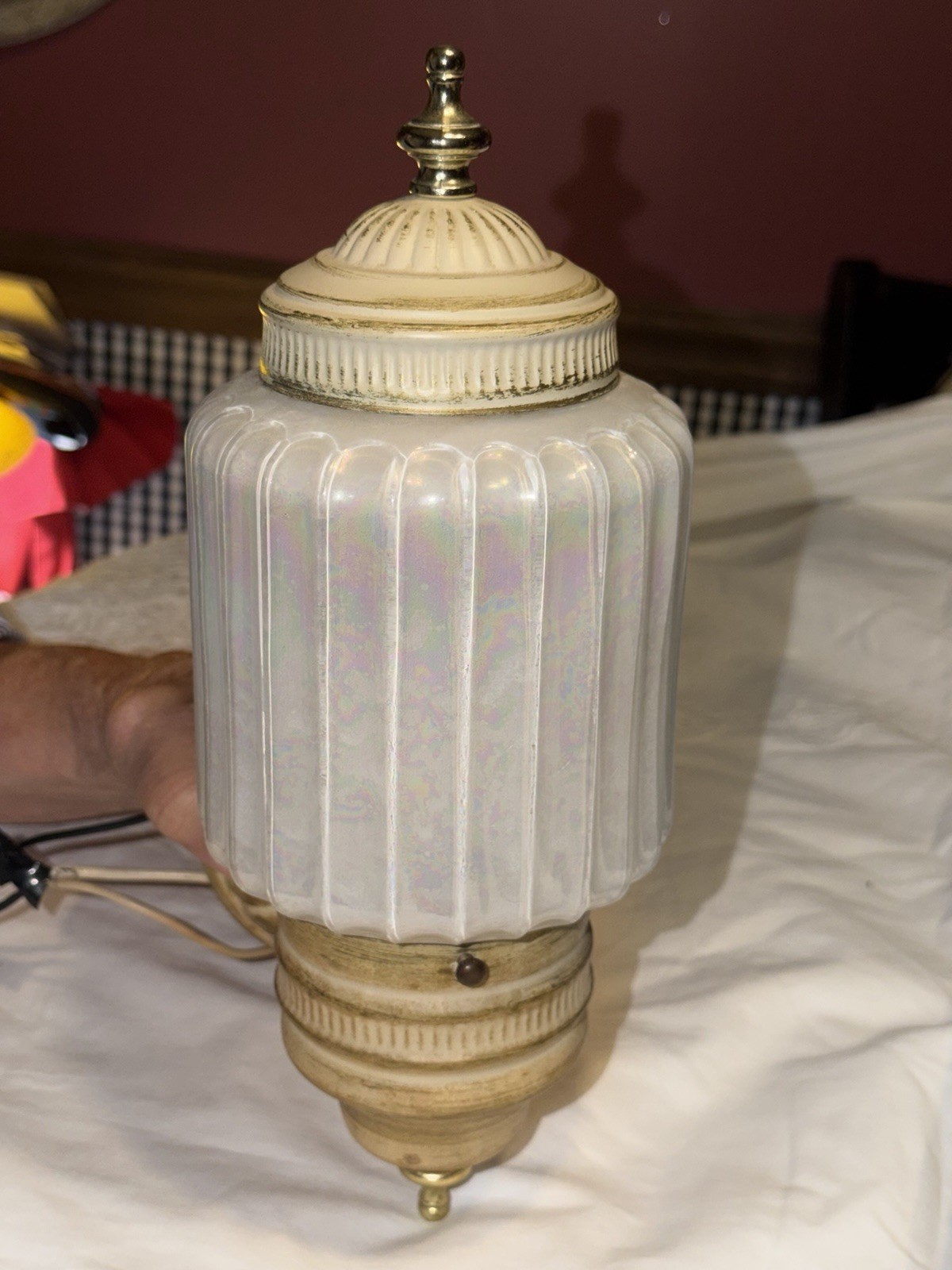 Opal Iridescent Pearl White Glass MCM Light Fixture Cover W/ Receptacle Rare Opal Iridescent Pearl White Glass MCM Light Fixture Cover W/ Receptacle Rare
