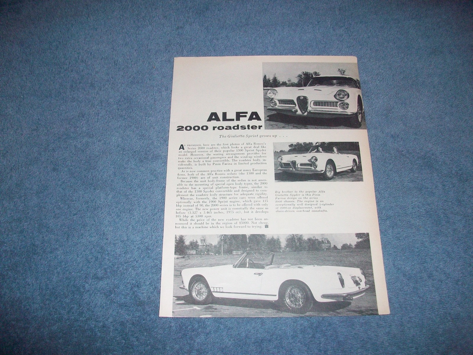 1958 Alfa Romeo 2000 Roadster Vintage Article "The Giulietta Sprint Grows Up..."