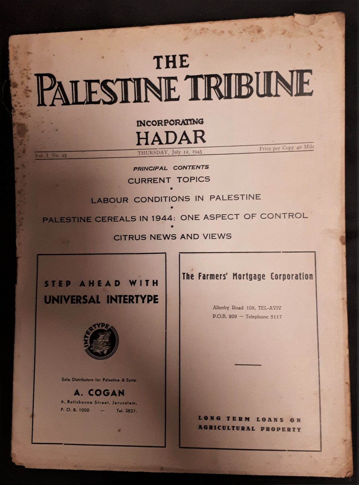 JUDAICA 1945 GB BRITISH PALESTINE TRIBUNE NEWSPAPER ERETZ ISRAEL ADVERTISEMENTS JUDAICA 1945 GB BRITISH PALESTINE TRIBUNE NEWSPAPER ERETZ ISRAEL ADVERTISEMENTS