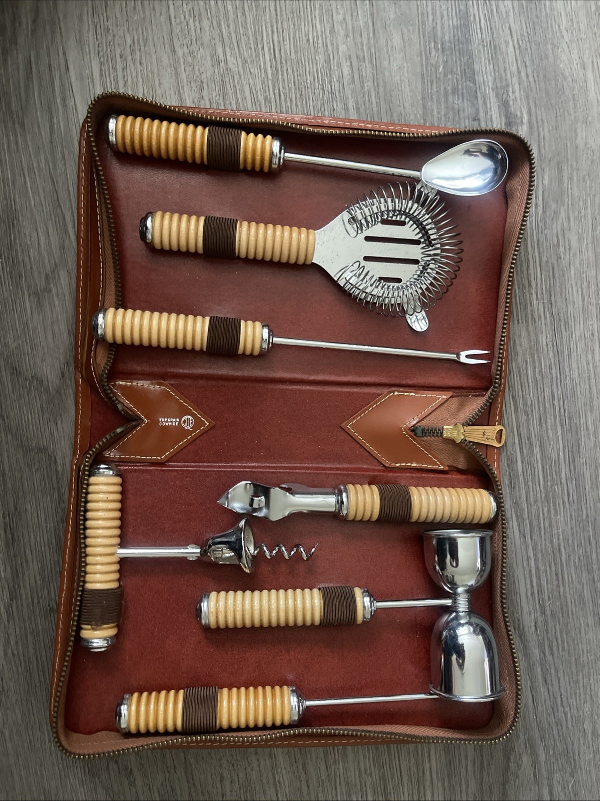 Vintage 7 Piece Cocktail Bar Tool Set Top Grain Cowhide Leather Case MCM