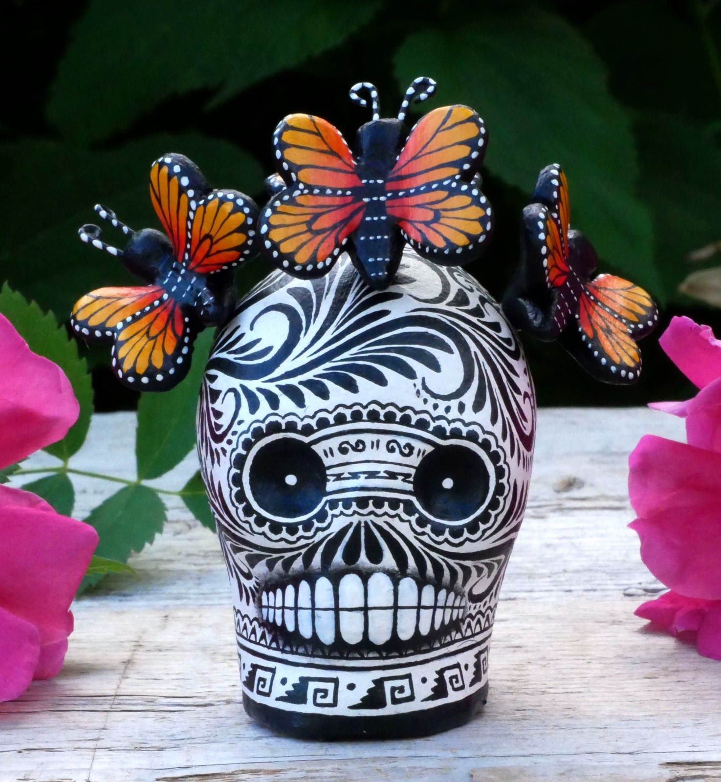 Day of the Dead Sugar Skull with Monarch Butterflies Handmade Mexico Folk Art Sm Day of the Dead Sugar Skull with Monarch Butterflies Handmade Mexico Folk Art Sm