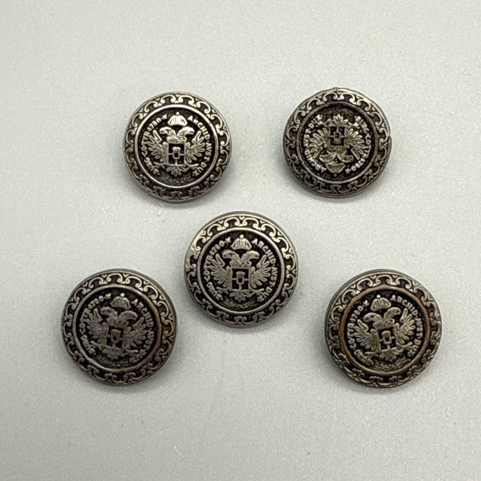 Austrian Coin Replica VTG ATQ Silver Metal Shank Sewing Button Set x 5 Austrian Coin Replica VTG ATQ Silver Metal Shank Sewing Button Set x 5