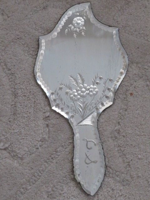 Antique French MIRROR Etched FLOWERS Beveled SHAPELY Vanity Dresser Top