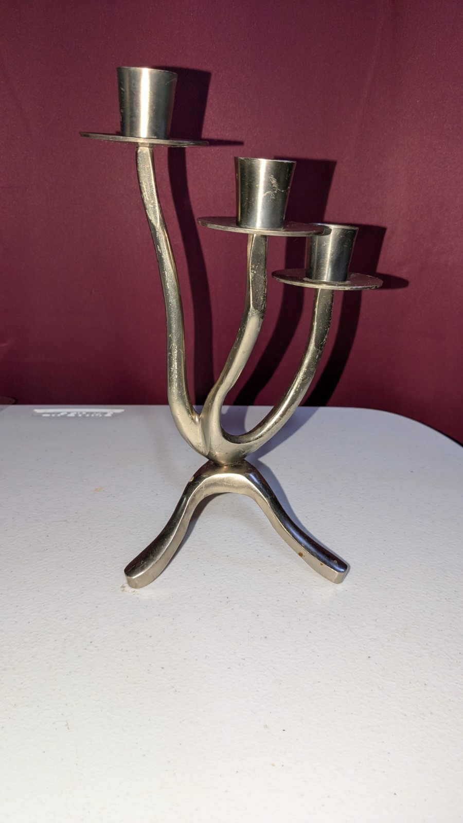 Vintage MCM Design Wavy Metal Candle Holders Brutilist 3 Arms 9 1/2" Nickel 