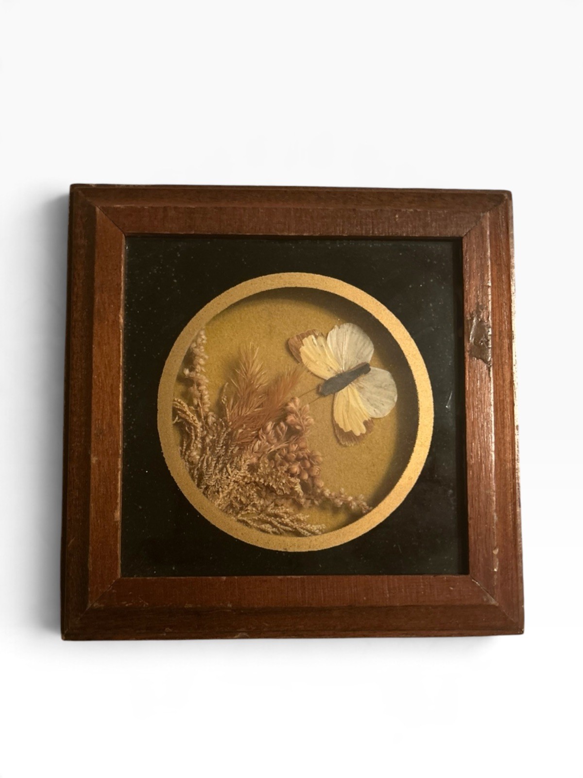 Vintage 1970s Framed Glass Butterfly Floral Scene Vintage 1970s Framed Glass Butterfly Floral Scene