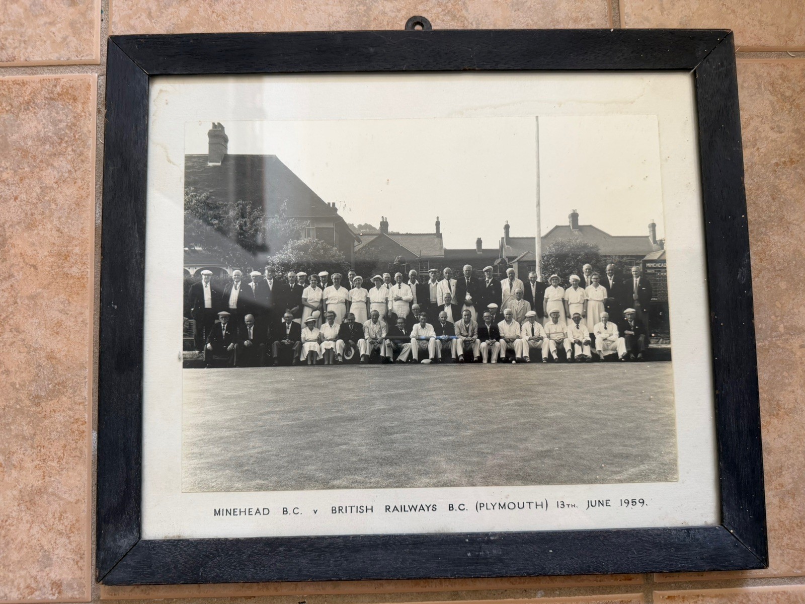 ANTIQUE VTG BRITISH RAILWAYS BOWLING CLUB MINEHEAD Framed Black White Photo 1959