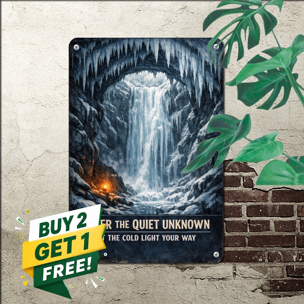 Frozen Underwater Ice Cave Sign Glowing Orange Glacial Winter Metal Plaque Frozen Underwater Ice Cave Sign Glowing Orange Glacial Winter Metal Plaque