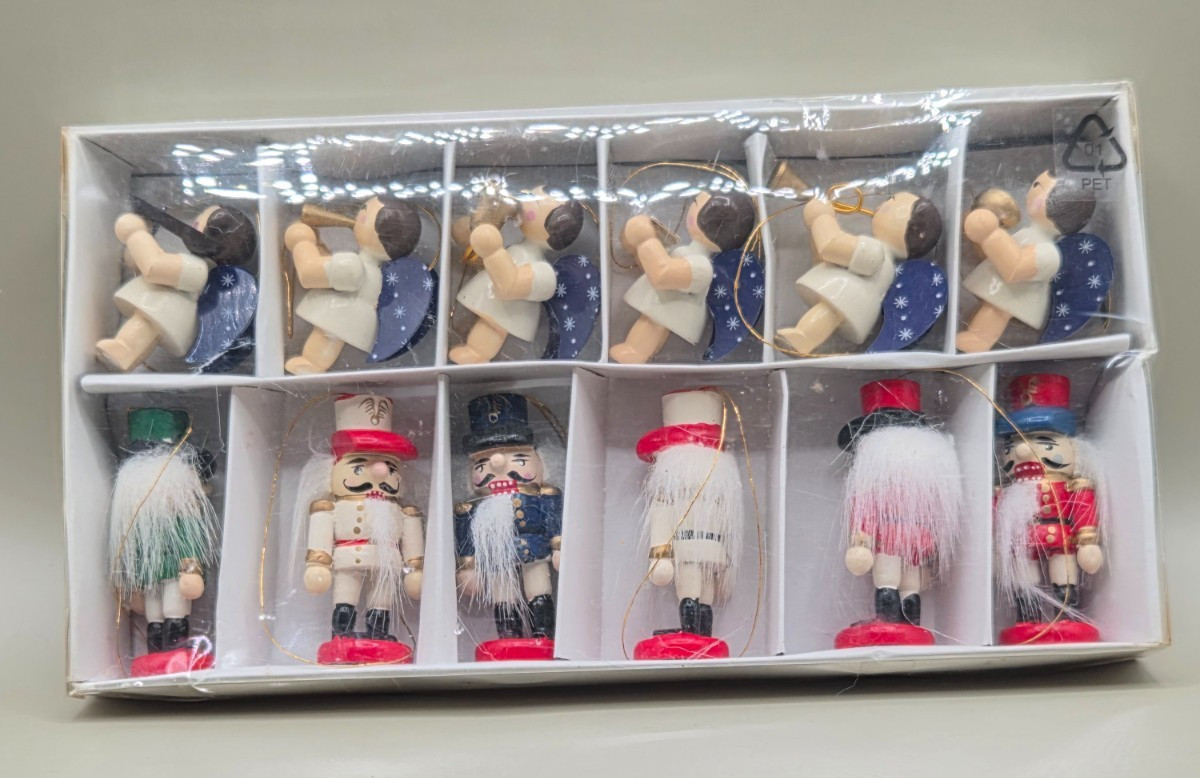 Vintage Wooden Christmas Ornaments Boxed Set Nutcrackers Angels NOS Sealed 12 Pc Vintage Wooden Christmas Ornaments Boxed Set Nutcrackers Angels NOS Sealed 12 Pc