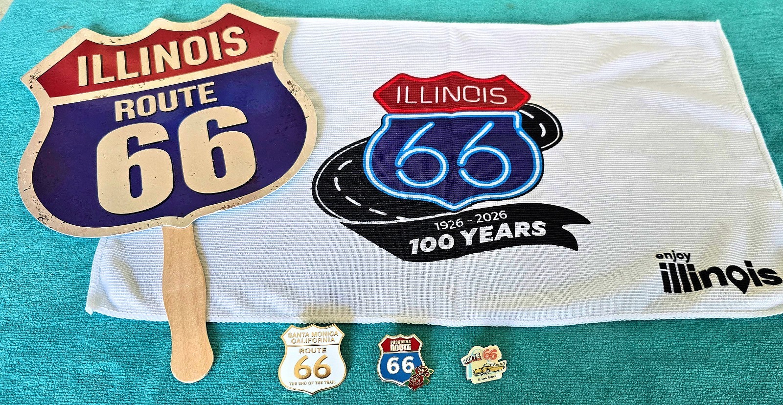 ROUTE 66 COLLECTABLE ITEMS LOT - 100 YEARS OLD - PINS, FAN, TOWEL - NEW & COOL ROUTE 66 COLLECTABLE ITEMS LOT - 100 YEARS OLD - PINS, FAN, TOWEL - NEW & COOL