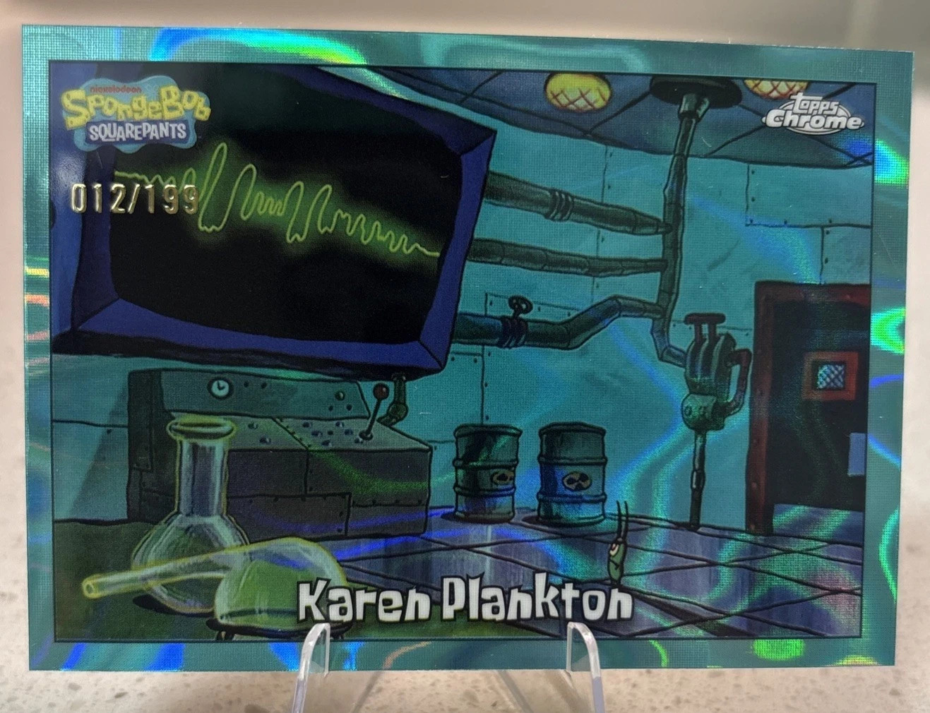 2025 Topps Chrome Spongebob Karen Plankton #30 Aqua Lava Refractor 012/199 2025 Topps Chrome Spongebob Karen Plankton #30 Aqua Lava Refractor 012/199