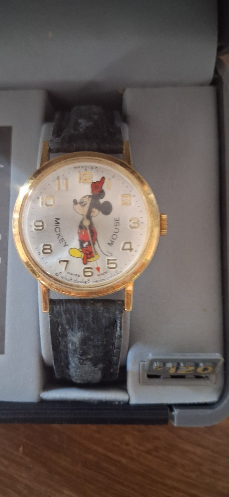 Vintage Bradley Disney Mickey Mouse Watch, Swiss,Mechanical, Black Band Runs Vintage Bradley Disney Mickey Mouse Watch, Swiss,Mechanical, Black Band Runs