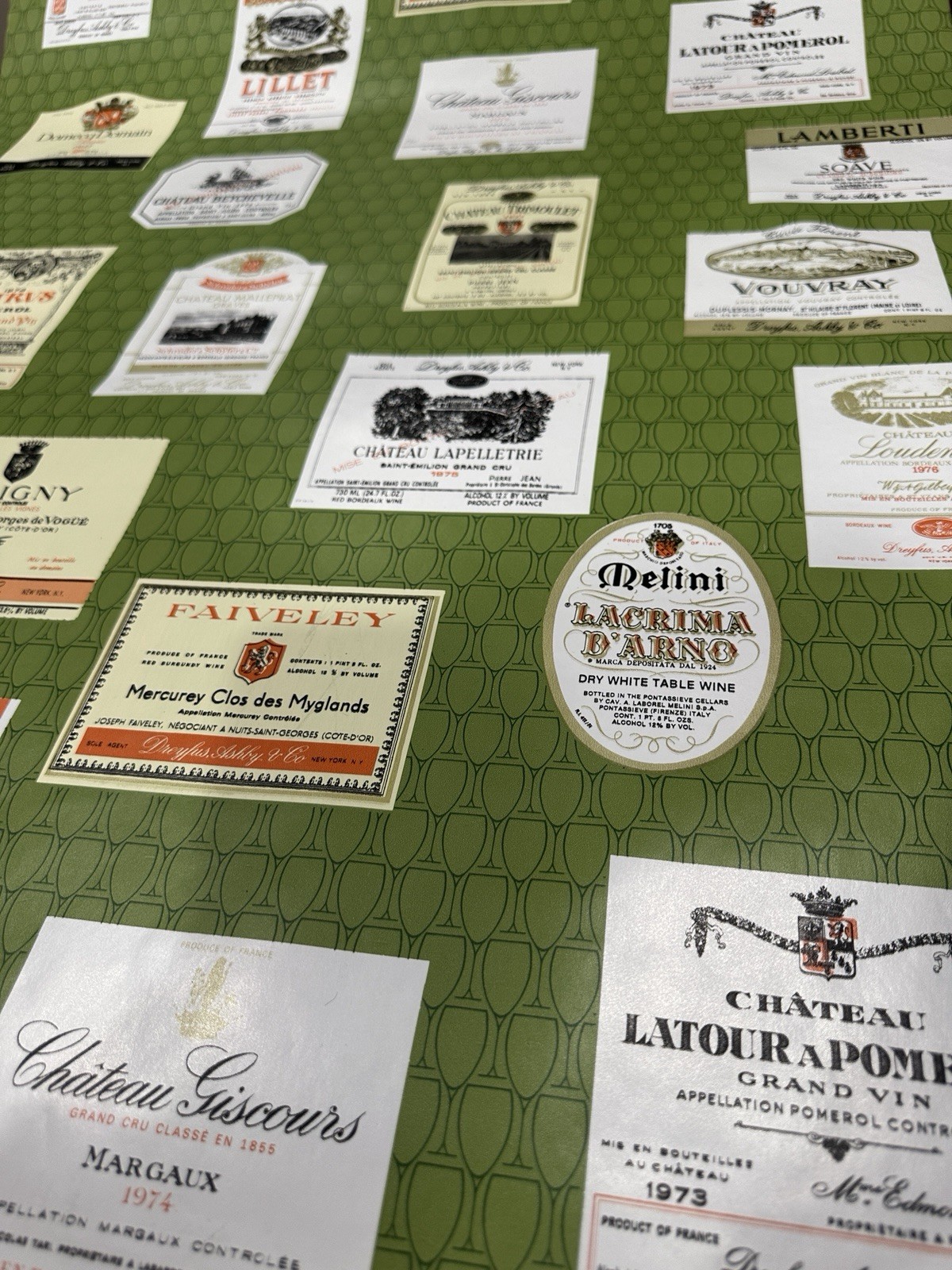 Vintage French, & Italian Wine Labels 1970’s Green Dreyfus Ashby Wallpaper  16’