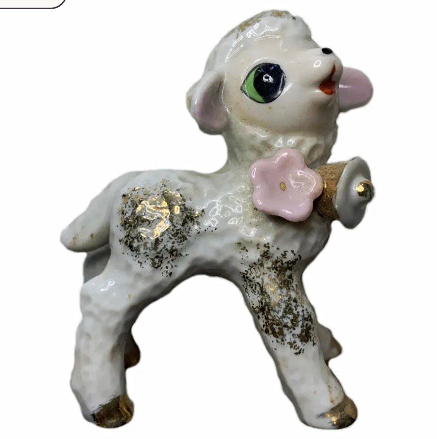 Vintage Adorable Porcelain Lamb Sheep Figure With Bell And Gold Accents Vintage Adorable Porcelain Lamb Sheep Figure With Bell And Gold Accents