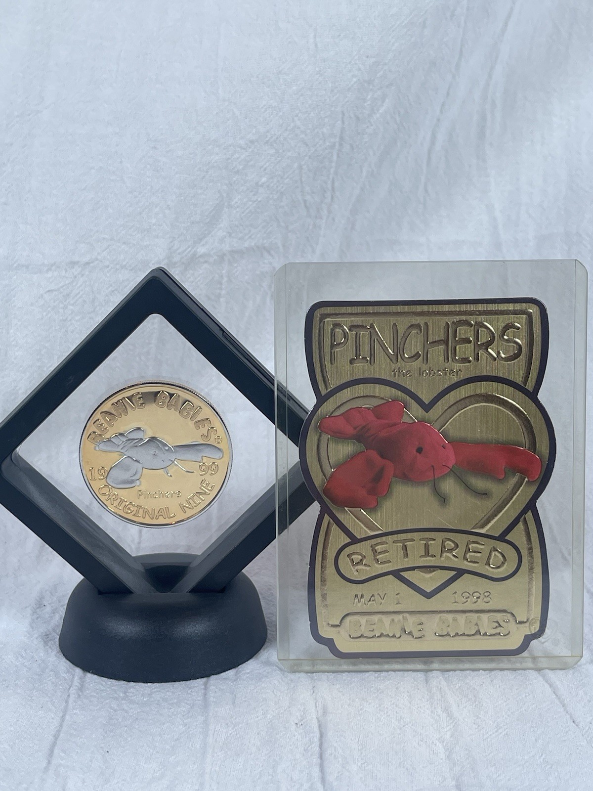 Set Of Rare TY “Pincher The Lobster” Collectors Gold Card And Gold/Silver Coin.