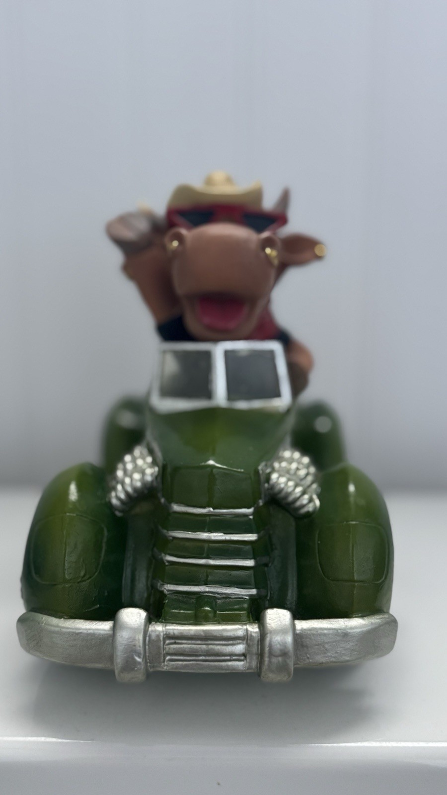 Vintage 2007 Cow Driver Green Car Coin Bank Piggy Bank. Vintage 2007 Cow Driver Green Car Coin Bank Piggy Bank.