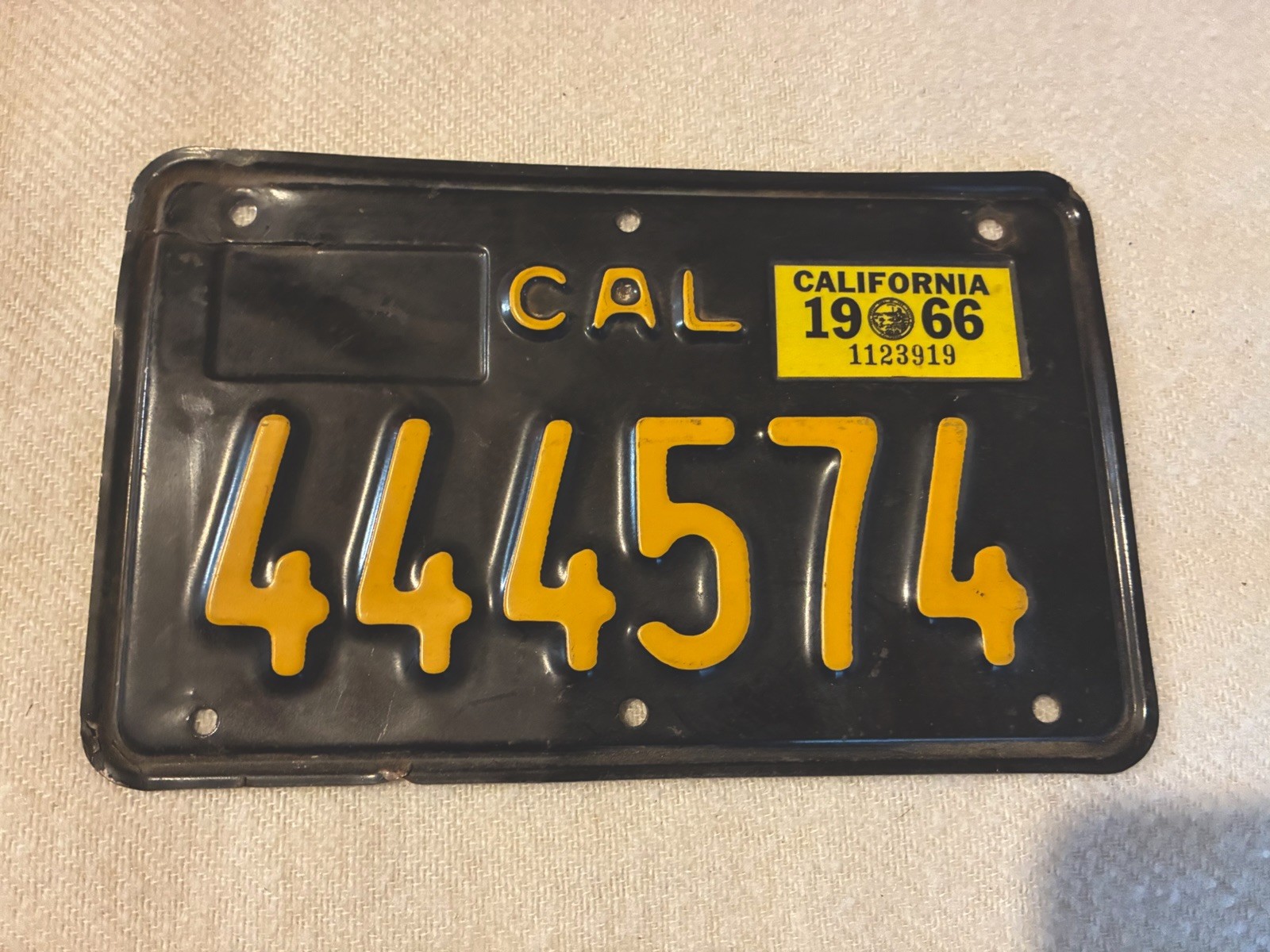 1963 63 California State Motorcycle License Plate 444574 USED 1