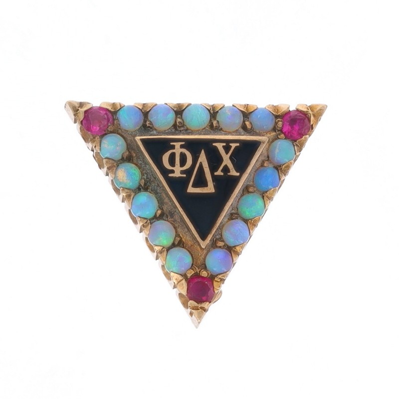 Yellow Gold Phi Delta Chi Badge 14k Ruby Opal 1910s1920s Pharmacy Fraternity Pin Yellow Gold Phi Delta Chi Badge 14k Ruby Opal 1910s1920s Pharmacy Fraternity Pin