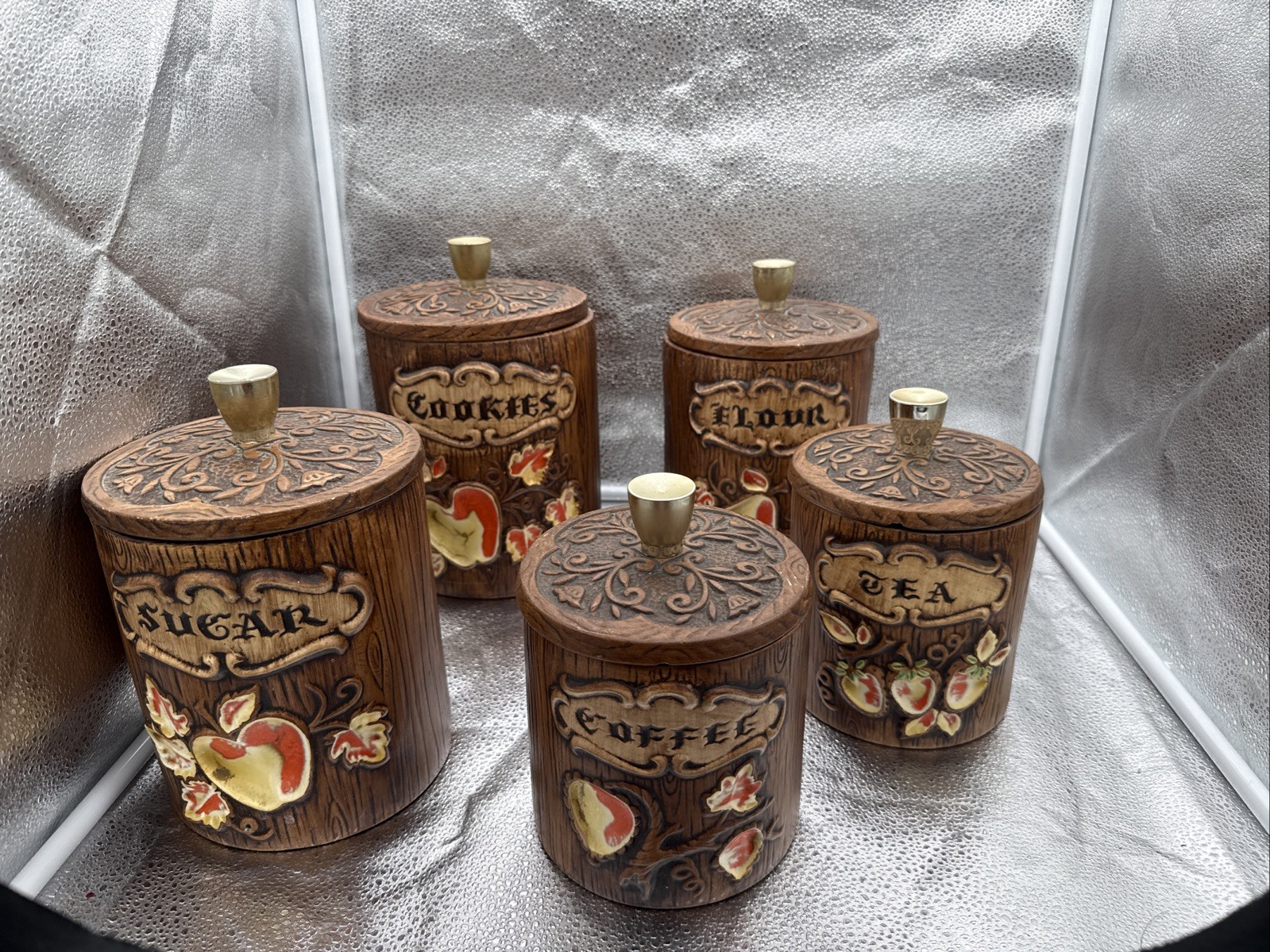 Vtg Mcm Treasure Craft Canister Set Of 5 Cookies,Sugar,Flour,Coffee,Tea DMG Pics Vtg Mcm Treasure Craft Canister Set Of 5 Cookies,Sugar,Flour,Coffee,Tea DMG Pics